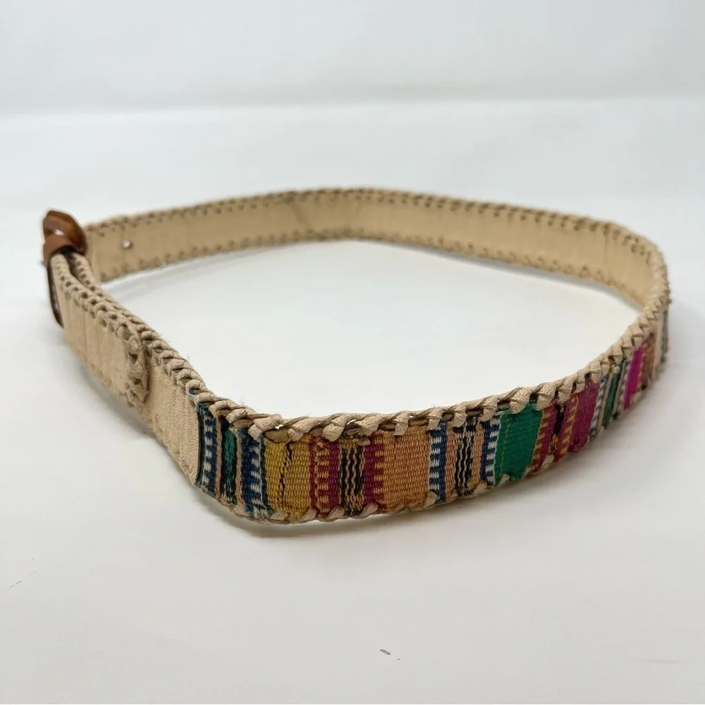 Vintage Handmade Boho Cream Leather and Colorful Woven Fabric Women's Belt‎
